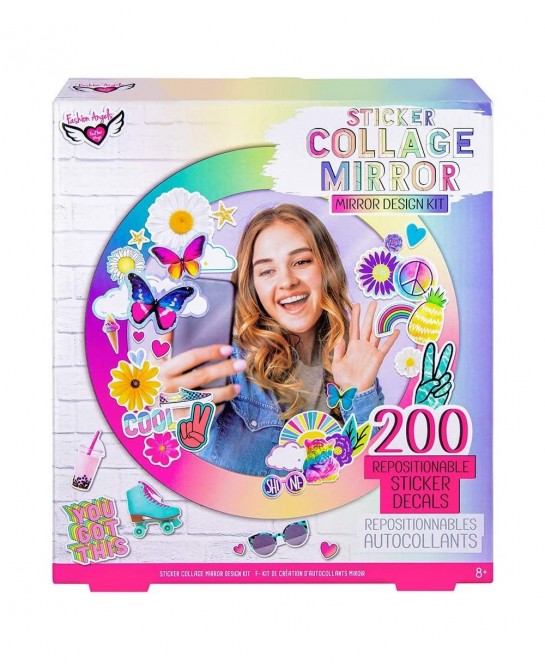 Sticker Collage Mirror Design Set - 1 Round Rainbow Mirror to Hang or Stand 3 Stickers Sheets with 200 Reusable Sticker Decal...