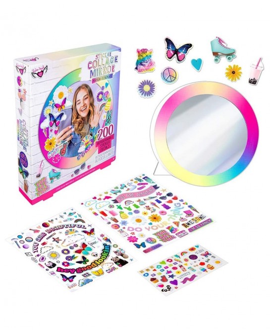 Sticker Collage Mirror Design Set - 1 Round Rainbow Mirror to Hang or Stand 3 Stickers Sheets with 200 Reusable Sticker Decal...
