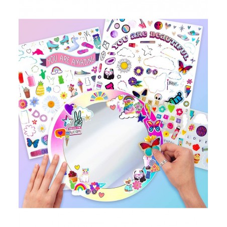 Sticker Collage Mirror Design Set - 1 Round Rainbow Mirror to Hang or Stand 3 Stickers Sheets with 200 Reusable Sticker Decal...