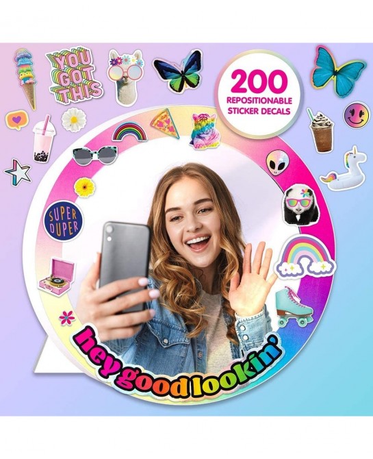 Sticker Collage Mirror Design Set - 1 Round Rainbow Mirror to Hang or Stand 3 Stickers Sheets with 200 Reusable Sticker Decal...