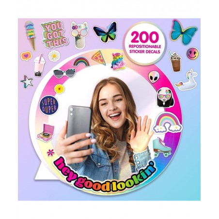 Sticker Collage Mirror Design Set - 1 Round Rainbow Mirror to Hang or Stand 3 Stickers Sheets with 200 Reusable Sticker Decal...
