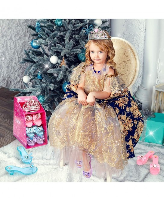 Girls Play Set! Princess Dress Up Shoes and Tiara (3 Pairs of Shoes + 1 Tiara) Role Play Collection Fashion Princess Shoes fo...
