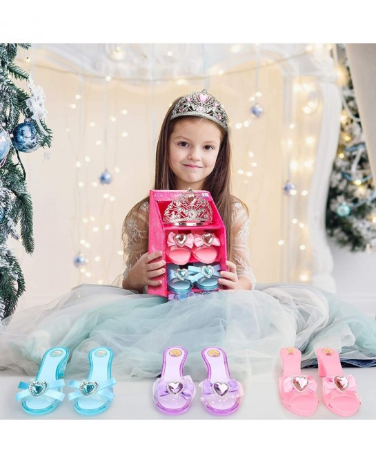 Girls Play Set! Princess Dress Up Shoes and Tiara (3 Pairs of Shoes + 1 Tiara) Role Play Collection Fashion Princess Shoes fo...