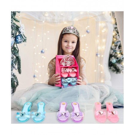 Girls Play Set! Princess Dress Up Shoes and Tiara (3 Pairs of Shoes + 1 Tiara) Role Play Collection Fashion Princess Shoes fo...