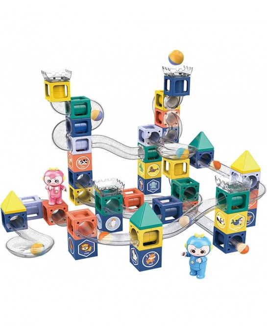 Marble Run Magnetic Stacking Blocks STEM Magnet Building Toy Set Includes 2 Cute Dolls for Imaginative Play Preschool Educati...