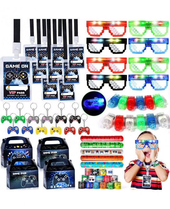 72Pcs Video Game Party Favors Kids Boy Gamer Birthday Gift with Box VIP Pass Holder LED Glasses Rings Toys for Teen Men Game ...