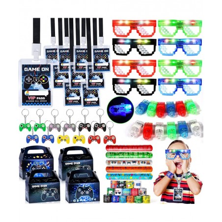 72Pcs Video Game Party Favors Kids Boy Gamer Birthday Gift with Box VIP Pass Holder LED Glasses Rings Toys for Teen Men Game ...
