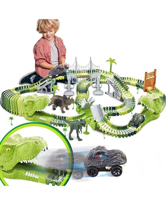 Dinosaurs Race Track Toy for Boys Girls Race Car Track for Kids Age 3-6 Dino Toys with 144 Flexible Track 2 LED Dinosaur Raci...