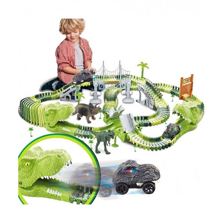 Dinosaurs Race Track Toy for Boys Girls Race Car Track for Kids Age 3-6 Dino Toys with 144 Flexible Track 2 LED Dinosaur Raci...