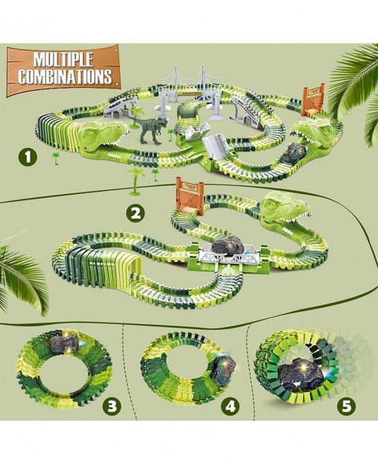 Dinosaurs Race Track Toy for Boys Girls Race Car Track for Kids Age 3-6 Dino Toys with 144 Flexible Track 2 LED Dinosaur Raci...
