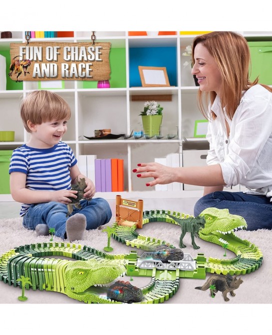 Dinosaurs Race Track Toy for Boys Girls Race Car Track for Kids Age 3-6 Dino Toys with 144 Flexible Track 2 LED Dinosaur Raci...
