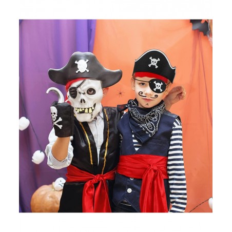 8 Pieces Pirate Costume Accessories Kids Pirate Hat Skull Eye Patch Eye Mask Black Pirate Costume Cape Long Sash Belt for Boy...