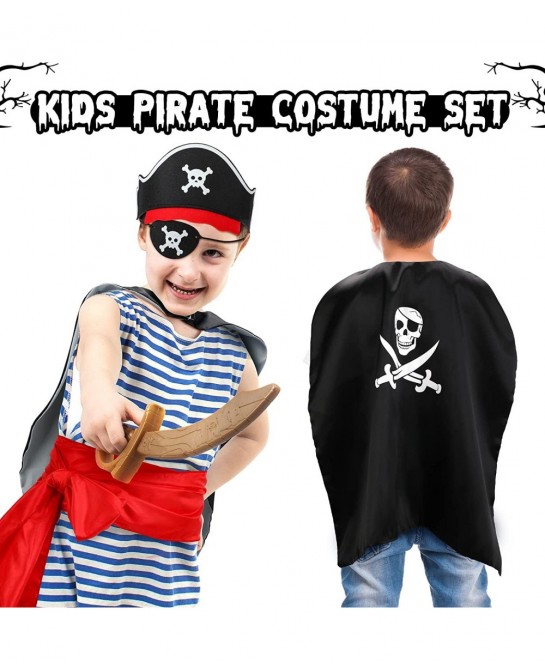 8 Pieces Pirate Costume Accessories Kids Pirate Hat Skull Eye Patch Eye Mask Black Pirate Costume Cape Long Sash Belt for Boy...