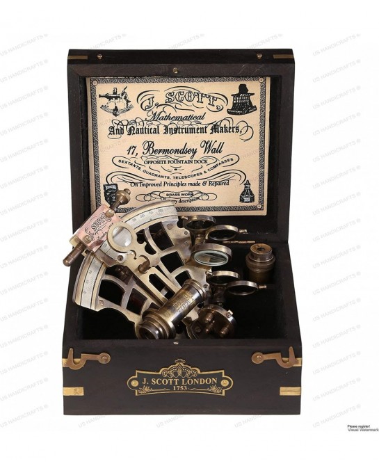 J. Scott London Brass Ship History Sextant with Hardwood Box. Vintage Solid Antique Brass Nautical Functional Maritime Sextan...