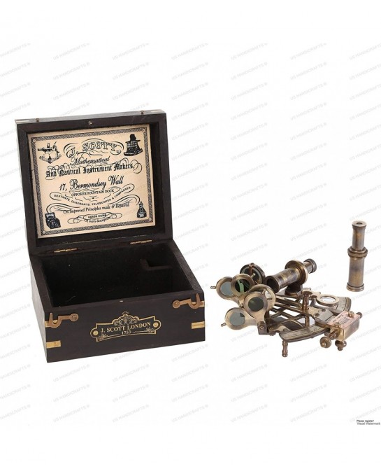 J. Scott London Brass Ship History Sextant with Hardwood Box. Vintage Solid Antique Brass Nautical Functional Maritime Sextan...