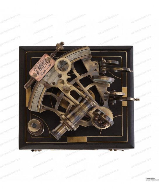J. Scott London Brass Ship History Sextant with Hardwood Box. Vintage Solid Antique Brass Nautical Functional Maritime Sextan...