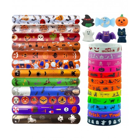 54Pc Kids Halloween Party Favors Slap Bracelets Rubber Wristbands Mochi Squishy Assorted Gifts for Kids Halloween Trick or Tr...