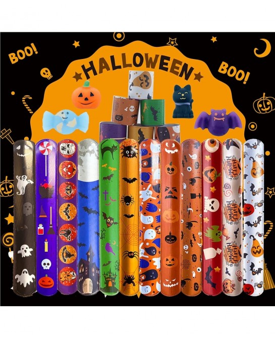 54Pc Kids Halloween Party Favors Slap Bracelets Rubber Wristbands Mochi Squishy Assorted Gifts for Kids Halloween Trick or Tr...