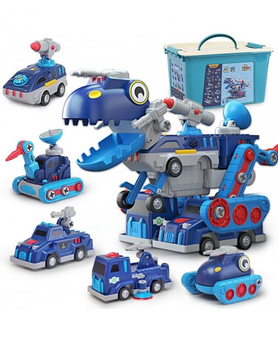 Take-Apart Robot Magnetic Vehicle Toy 5-in-1 Dinosaur Transform Car with Screwdriver Storage Box Kids Armored Fighting Vehicl...