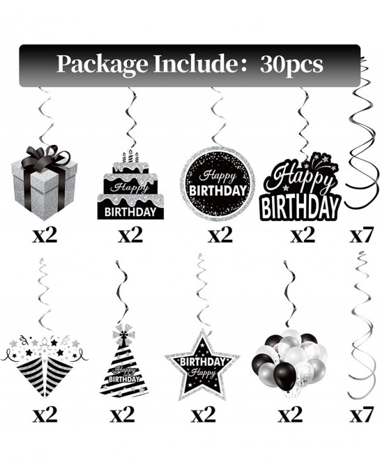 30Pcs Black White Silver Birthday Hanging Swirls Decorations for Women Men Black White Happy Birthday Foil Swirl Party Suppli...