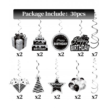 30Pcs Black White Silver Birthday Hanging Swirls Decorations for Women Men Black White Happy Birthday Foil Swirl Party Suppli...