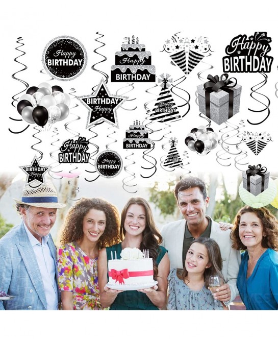 30Pcs Black White Silver Birthday Hanging Swirls Decorations for Women Men Black White Happy Birthday Foil Swirl Party Suppli...