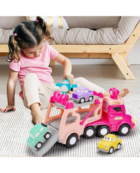 5 in 1 Transport Toy Trucks for Toddlers 1-3 with Lights Music Pink Princess Car Toys for 1 2 3 4 Year Old Girls Carrier Truc...