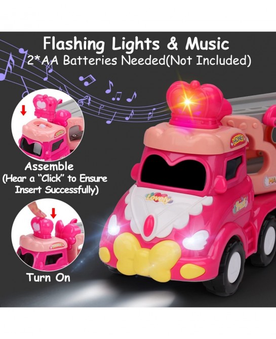 5 in 1 Transport Toy Trucks for Toddlers 1-3 with Lights Music Pink Princess Car Toys for 1 2 3 4 Year Old Girls Carrier Truc...