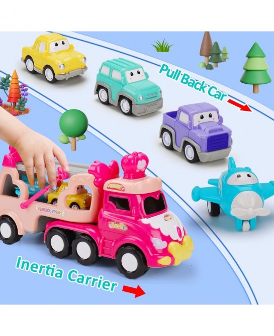 5 in 1 Transport Toy Trucks for Toddlers 1-3 with Lights Music Pink Princess Car Toys for 1 2 3 4 Year Old Girls Carrier Truc...