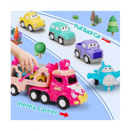 5 in 1 Transport Toy Trucks for Toddlers 1-3 with Lights Music Pink Princess Car Toys for 1 2 3 4 Year Old Girls Carrier Truc...