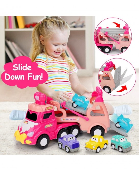 5 in 1 Transport Toy Trucks for Toddlers 1-3 with Lights Music Pink Princess Car Toys for 1 2 3 4 Year Old Girls Carrier Truc...