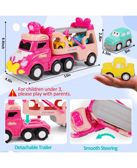 5 in 1 Transport Toy Trucks for Toddlers 1-3 with Lights Music Pink Princess Car Toys for 1 2 3 4 Year Old Girls Carrier Truc...