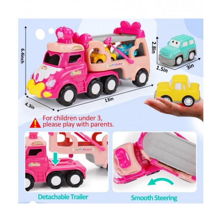 5 in 1 Transport Toy Trucks for Toddlers 1-3 with Lights Music Pink Princess Car Toys for 1 2 3 4 Year Old Girls Carrier Truc...