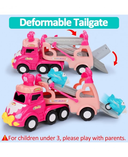 5 in 1 Transport Toy Trucks for Toddlers 1-3 with Lights Music Pink Princess Car Toys for 1 2 3 4 Year Old Girls Carrier Truc...