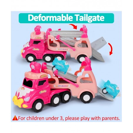 5 in 1 Transport Toy Trucks for Toddlers 1-3 with Lights Music Pink Princess Car Toys for 1 2 3 4 Year Old Girls Carrier Truc...