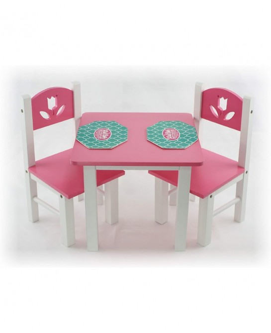 18 Inch Doll Furniture Pink/White Wooden Table and Chairs Set with Placemats (Floral Design) - Fits American Girl Dolls $49.3...