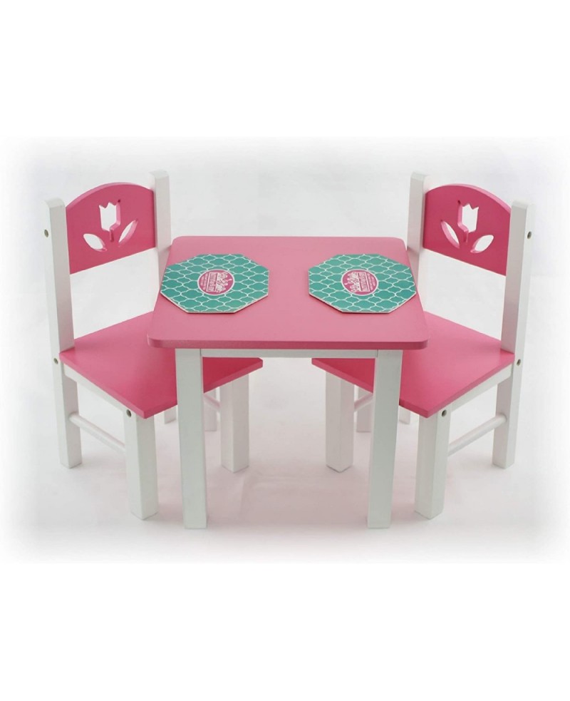 18 Inch Doll Furniture Pink/White Wooden Table and Chairs Set with Placemats (Floral Design) - Fits American Girl Dolls $49.3...