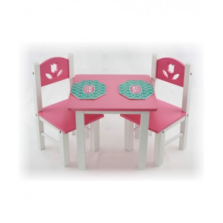 18 Inch Doll Furniture Pink/White Wooden Table and Chairs Set with Placemats (Floral Design) - Fits American Girl Dolls $49.3...