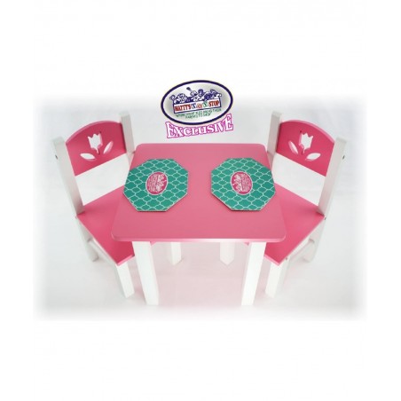 18 Inch Doll Furniture Pink/White Wooden Table and Chairs Set with Placemats (Floral Design) - Fits American Girl Dolls $49.3...