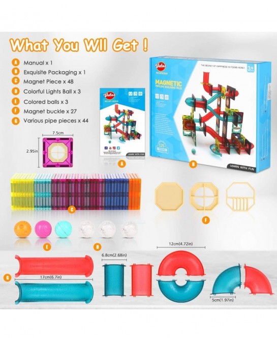 Magnetic Tiles 125PCS Magnetic Building Blocks for Kids 3D Magnet Tiles Pipeline Building Blocks Preschool Educational STEM T...