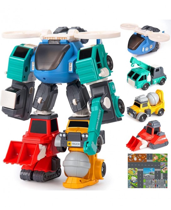 Transform Toys for 3 4 5 6 7 8 Year Old Boys Robot Toys for Kids 3-5 5-7 4 Magnetic Construction Trucks Vehicles w/ Play Mat ...