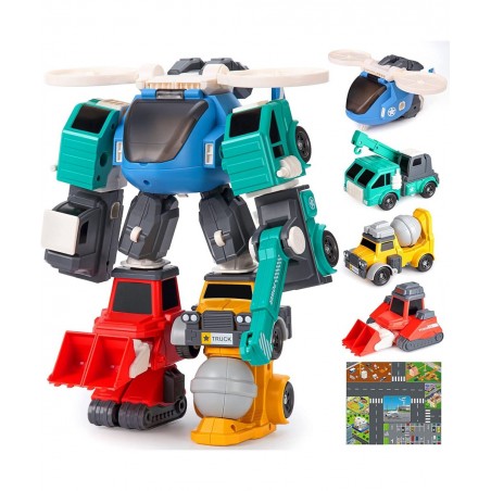 Transform Toys for 3 4 5 6 7 8 Year Old Boys Robot Toys for Kids 3-5 5-7 4 Magnetic Construction Trucks Vehicles w/ Play Mat ...