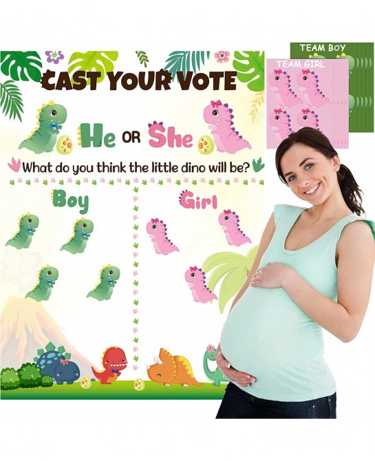 Little Dino Gender Reveal Poster He or She Gender Reveal Party Game with 40Pcs Boy and Girl Voting Stickers Cartoon Dinosaur ...