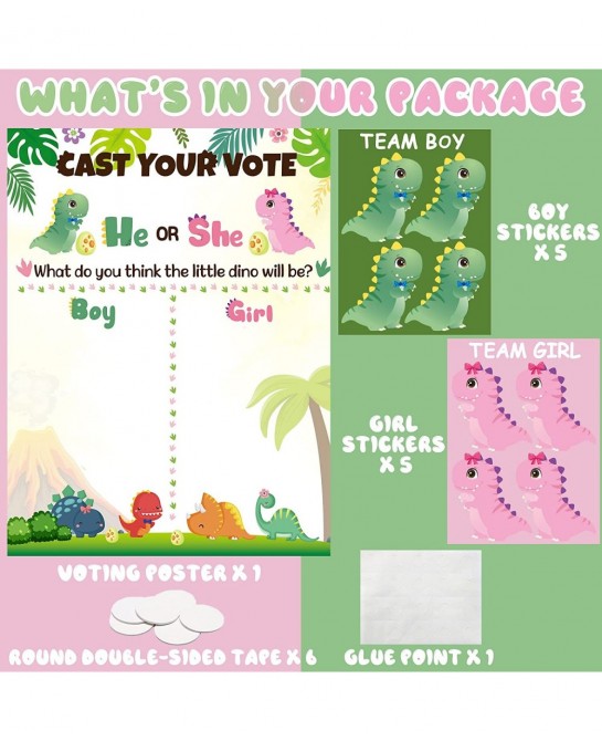 Little Dino Gender Reveal Poster He or She Gender Reveal Party Game with 40Pcs Boy and Girl Voting Stickers Cartoon Dinosaur ...