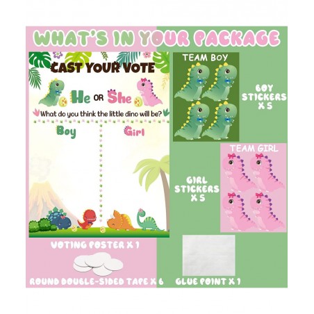 Little Dino Gender Reveal Poster He or She Gender Reveal Party Game with 40Pcs Boy and Girl Voting Stickers Cartoon Dinosaur ...