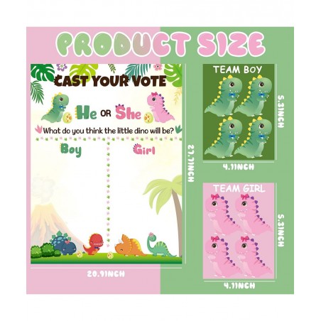 Little Dino Gender Reveal Poster He or She Gender Reveal Party Game with 40Pcs Boy and Girl Voting Stickers Cartoon Dinosaur ...