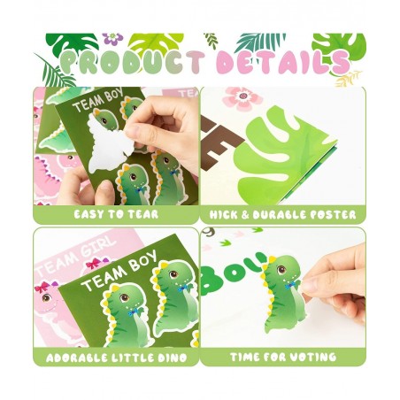Little Dino Gender Reveal Poster He or She Gender Reveal Party Game with 40Pcs Boy and Girl Voting Stickers Cartoon Dinosaur ...