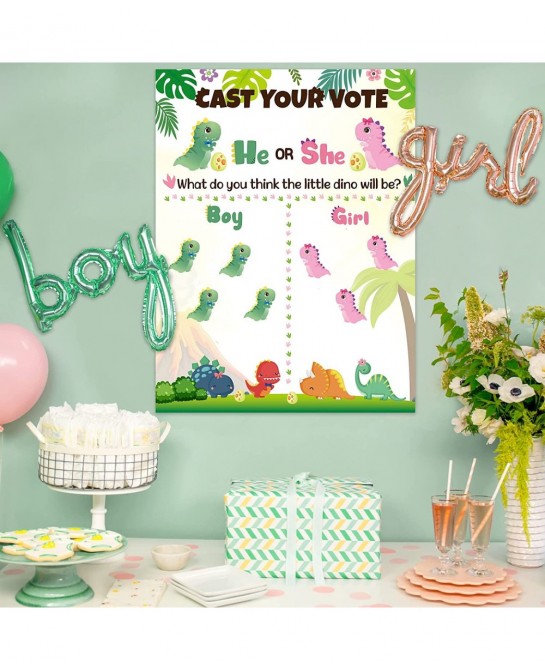 Little Dino Gender Reveal Poster He or She Gender Reveal Party Game with 40Pcs Boy and Girl Voting Stickers Cartoon Dinosaur ...