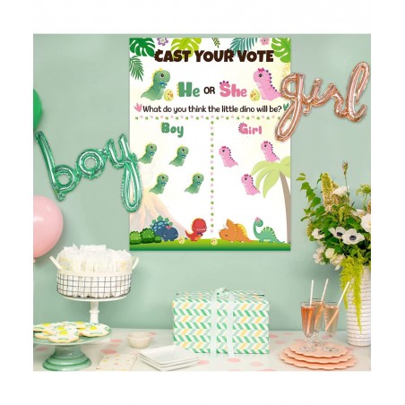Little Dino Gender Reveal Poster He or She Gender Reveal Party Game with 40Pcs Boy and Girl Voting Stickers Cartoon Dinosaur ...
