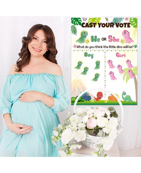 Little Dino Gender Reveal Poster He or She Gender Reveal Party Game with 40Pcs Boy and Girl Voting Stickers Cartoon Dinosaur ...